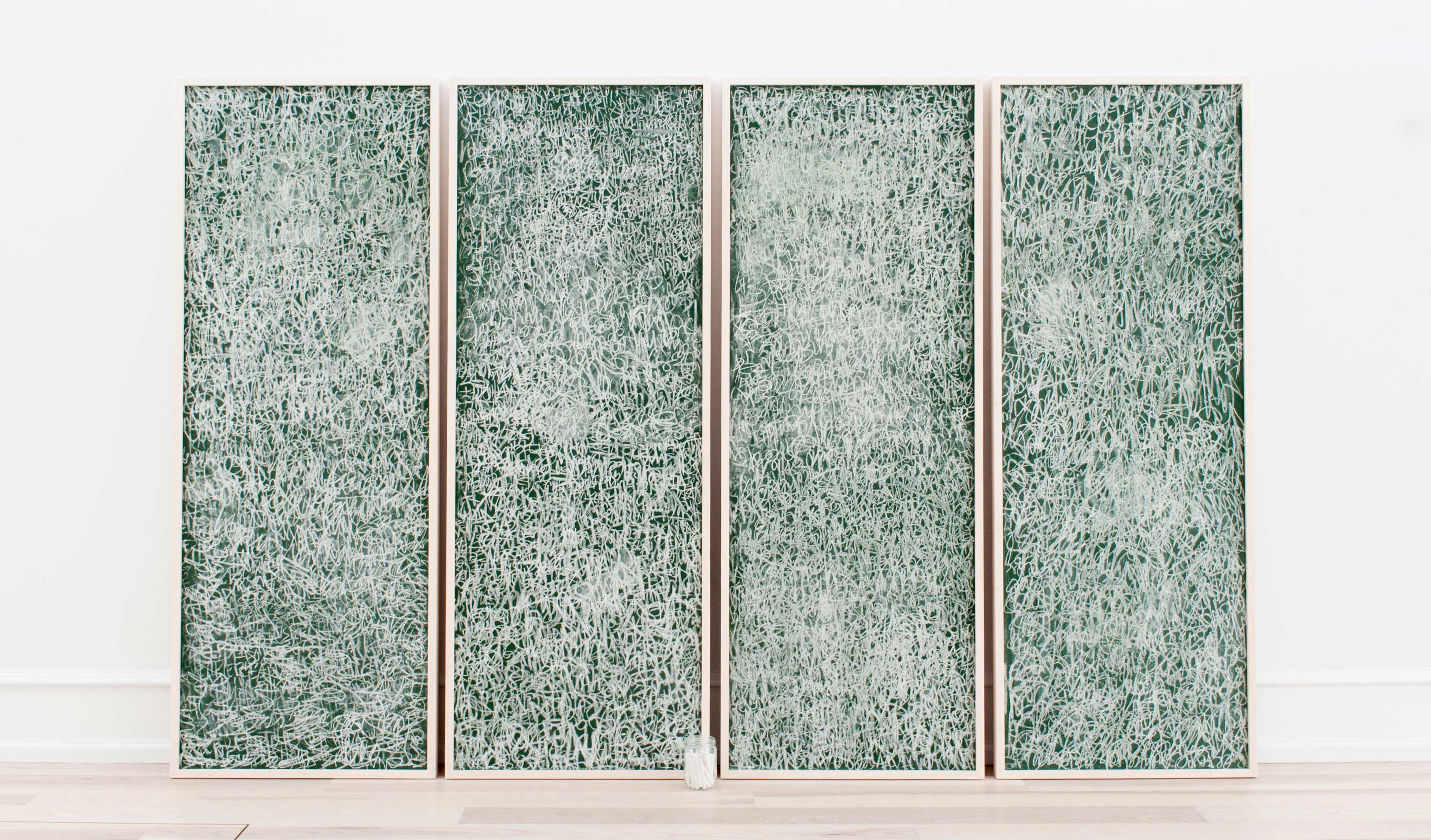 Michael Baastrup Chang's Y (Why), 2010, chalk on blackboards, four panels