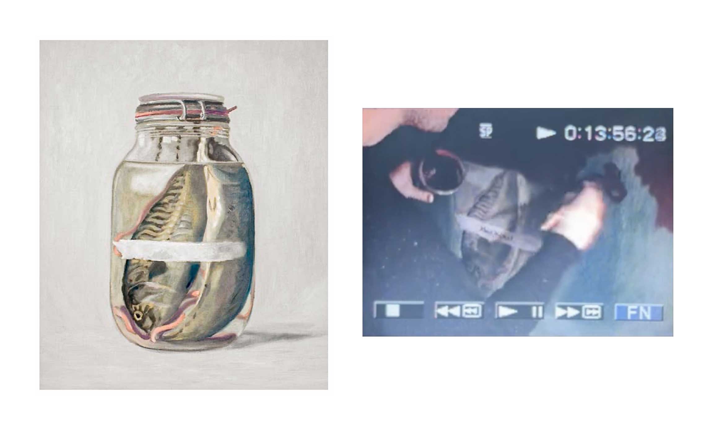 Two-part documentation of Michael Baastrup Chang's painting Two Fish in a Glass Jar (Constellation Pisces), showing the 2006 oil painting on the left and a video still from its overpainting in December 2007 on the right