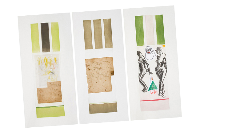 Three monoprints from Infinity Loop and Images of Eggs, an exhibition with Mette Ussing at Cath Alexandrine Danneskiold-Samsøe Gallery in Copenhagen in 2012