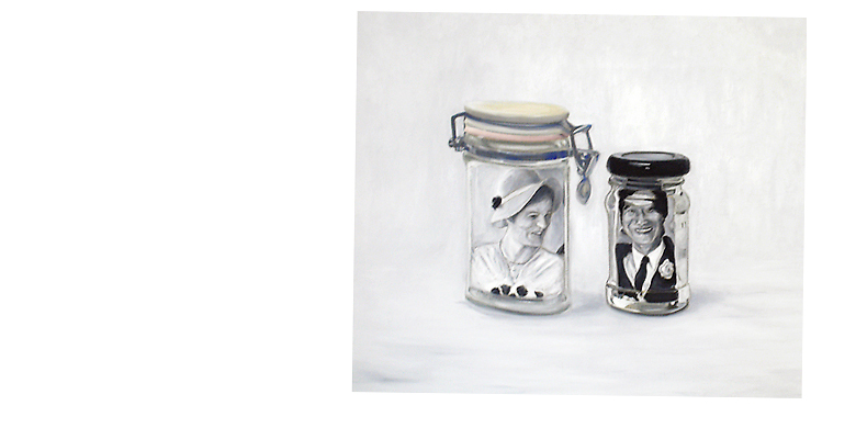 Illustration originally accompanying On Images, featuring Michael Baastrup Chang's 2006 oil painting depicting his mother's and father's wedding photograph in separate glass jars
