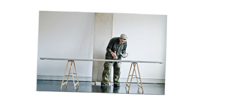 Video still of the artist painting with tempera on a panel in his Østerbro studio in 2011 for The Journeyman exhibition