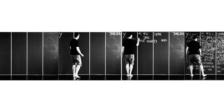 Four video stills documenting the artist writing on four blackboards in the creation of Y, a four-panel work made with chalk in 2010